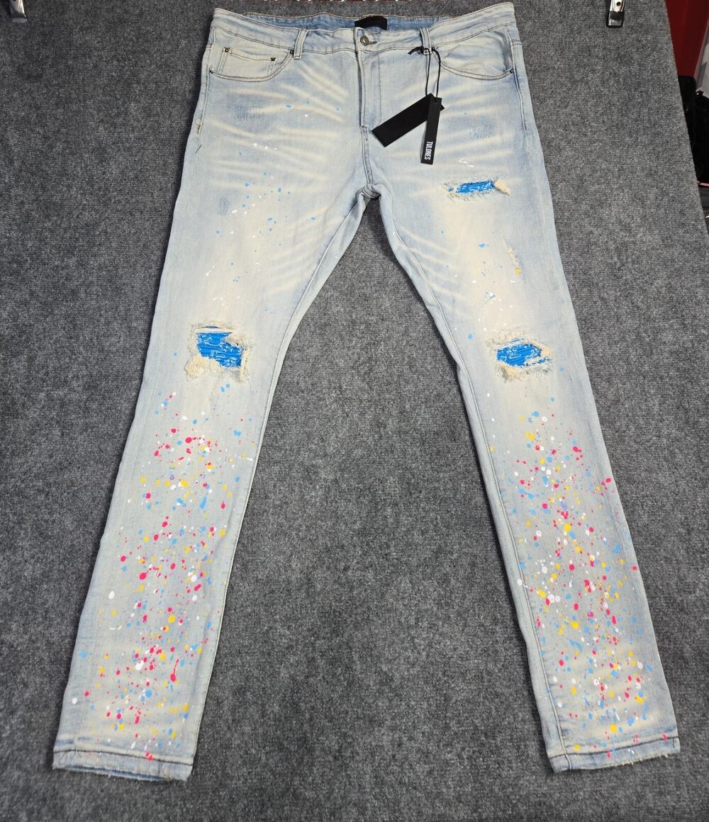 Tulones Jeans Mens 44x33 Distressed Skinny Paint Splatter Denim Stretch Hip Hop